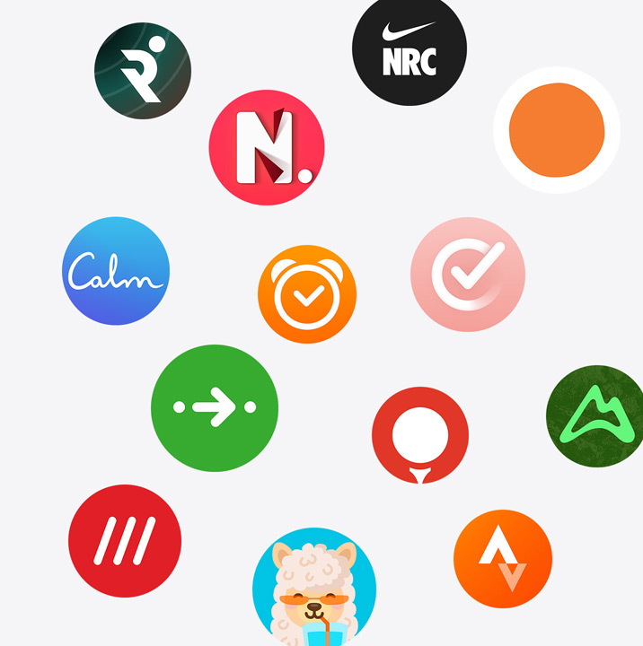 The icons of Apple Watch apps from the App Store. ChargePoint, Yelp, Nike Run Club, SmartGym, Calm, NBA, SwingVision, Oceanic+, WeChat, Waterllama, Golfshot, JetBlue and AllTrails