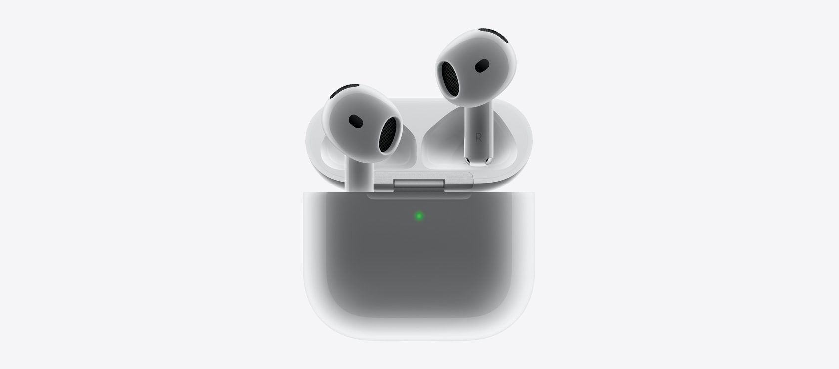 AirPods 4, der passer ind i opladningsetuiet.