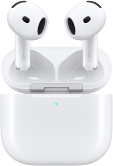 AirPods 4, som svæver over opladningsetuiet med åbent låg.