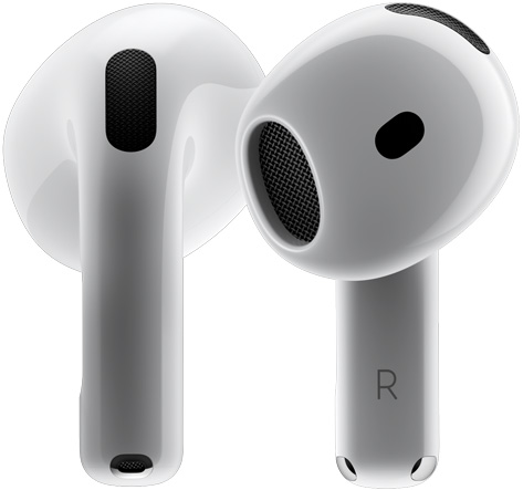 To AirPods 4, der drejer rundt om hinanden og stopper i forskellige vinkler.