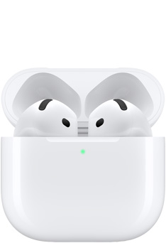 AirPods 4 置於開蓋的充電盒內。