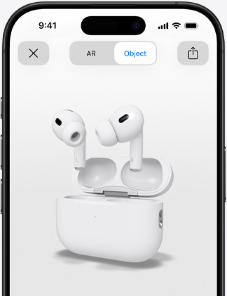 iPhone-skjerm som viser rendring av AirPods Pro i utvidet virkelighet.