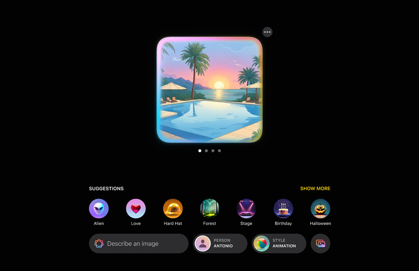 UI of the Image Playground experience shows a pool in a tropical landscape with the sunset in the background with suggestions for more elements to add to the image