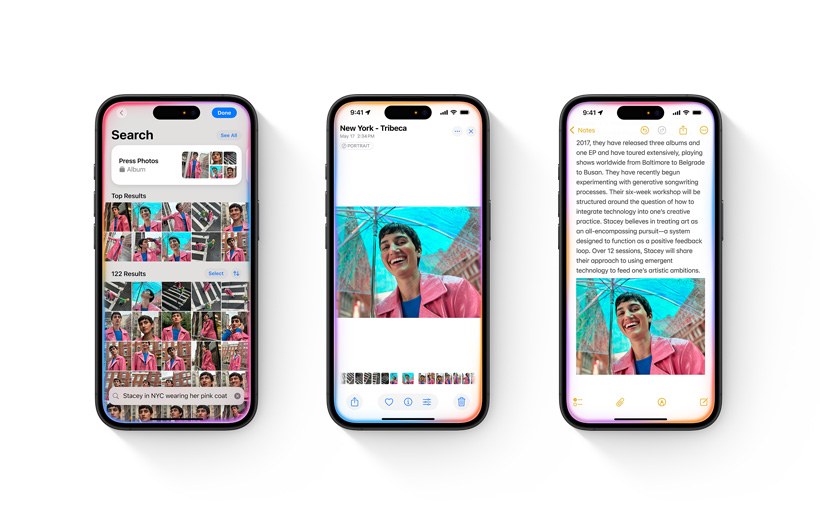 Photos library is shown on an iPhone along with a search description. A second iPhone is open to a single photo favourited based on the search. A third iPhone shows the photo incorporated into a note in the Notes app.