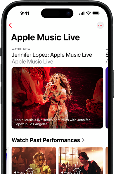 Ekran Apple Music Live na iPhonie pokazujący opcję Obejrzyj teraz, archiwalne występy i treści specjalne takie jak ranking Apple Music 100 Best Albums