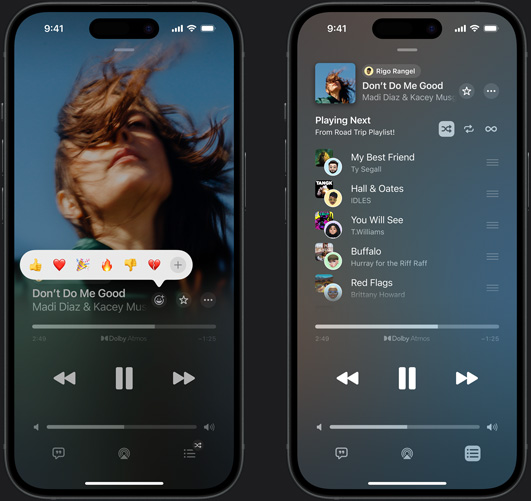 iPhone-skærmen til venstre viser afspilningen af Don't Do Me Good med Madi Diaz og Kacey Musgraves. Et felt vises med emojireaktionerne tommelfinger opad, hjerte, fest, tommelfinger nedad og vælg en anden reaktion. iPhone-skærmen til højre viser en fælles playliste ved navn Road Trip Playlist med en række sange tilføjet af andre brugere