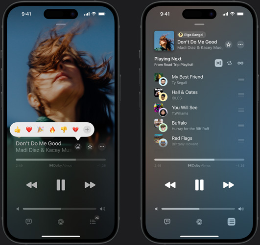 iPhone sur la gauche montrant le titre « Don’t Do Me Good » de Madi Diaz et Kacey Musgraves en cours de lecture sur l’écran avec un emoji de réaction affichant les options pouce levé, cœur, célébrer, pouce baissé ou ajouter une autre réaction. iPhone sur la droite montrant une playlist collaborative intitulée Road trip contenant plusieurs morceaux ajoutés par différentes personnes
