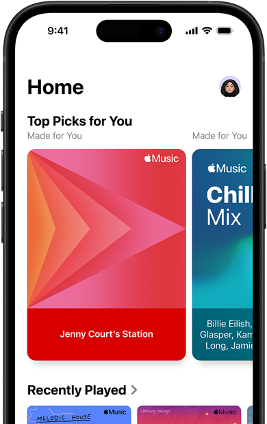 Layar tab Beranda Apple Music di iPhone, carousel Pilihan Teratas untuk Anda yang menampilkan stasiun dan daftar putar Jenny Court yang dipersonalisasi