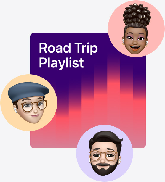 Gambar sampul dari daftar putar kolaboratif bernama Road Trip Playlist yang dikelilingi memoji