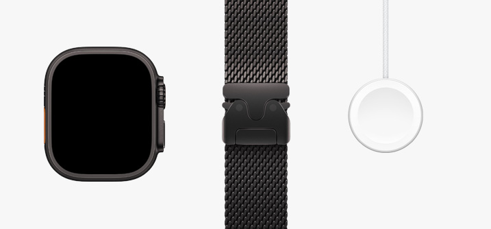 排成一列展示：Apple Watch Ultra 2 硬件正面、黑色鈦金屬米蘭網織手環，以及磁力快速充電器至 USB-C 連接線。