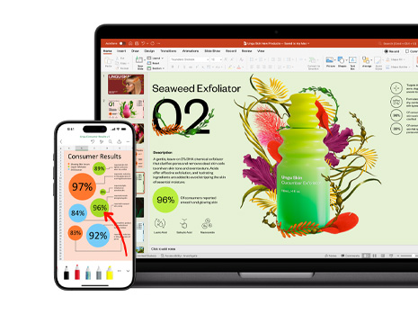 A Mac and an iPhone displaying different sections of a vibrant and colourful presentation focused on a skincare product.