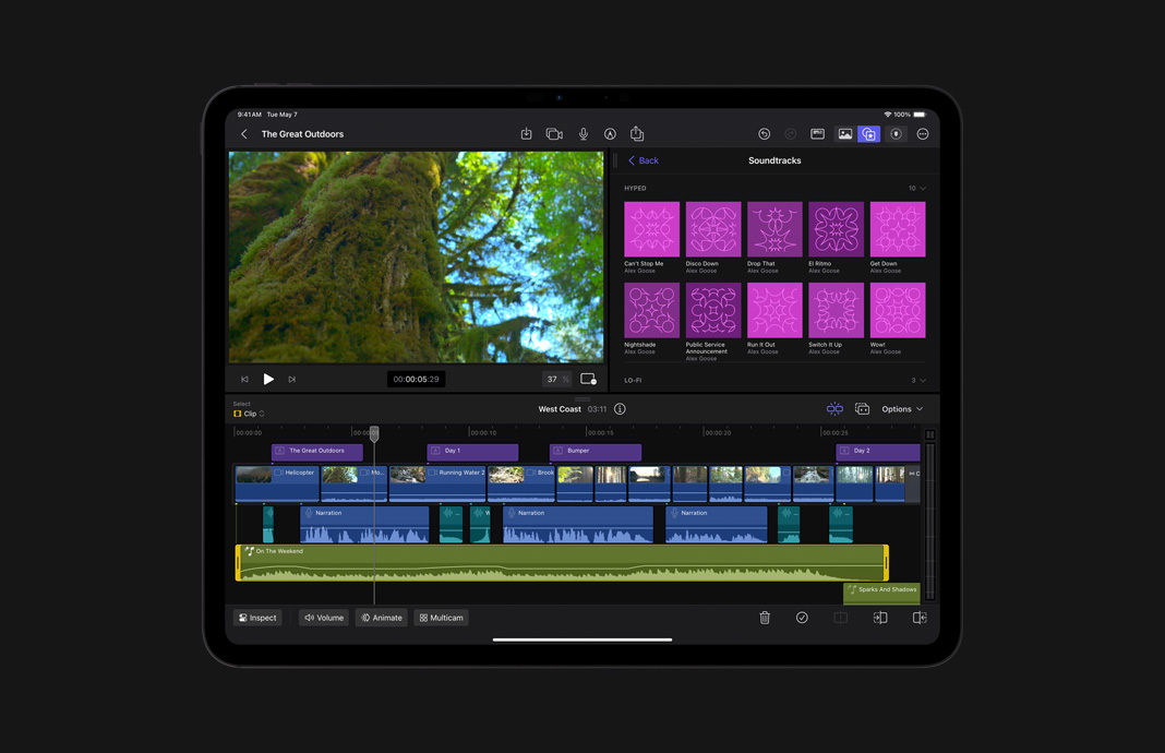 iPad Pro上のFinal Cut Proのオーディオタイムラインを拡大した画像。