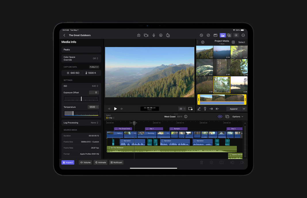 在 iPad Pro 的 iPad 版 Final Cut Pro，ProRes Raw 片段的媒體資訊畫面，展示影像的資料。