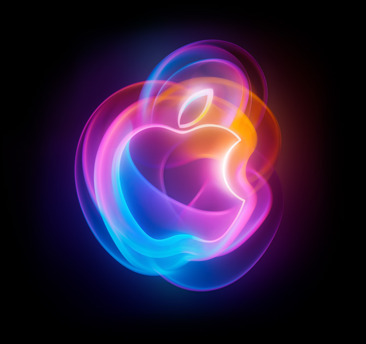 The Apple logo, defined by an outline of solid white light and filled with vibrant shades of pink, blue, and orange, multiplied and overlapped by glowing pink, blue, and orange light beams.