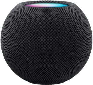 Midnight HomePod mini with colourful pixels in motion above it spelling the word “mini”.