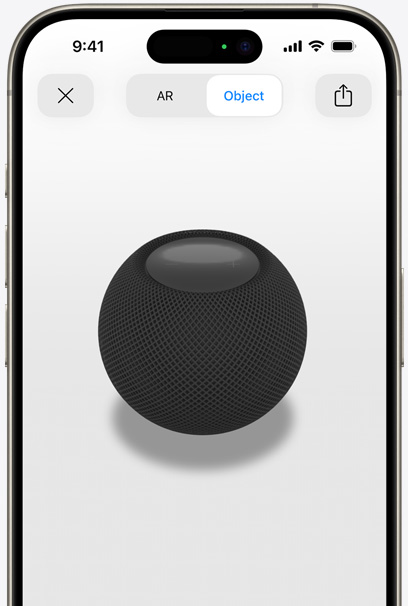 Midnight HomePod on the screen of an iPhone in AR view.