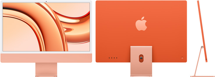 Vista frontal, trasera y lateral del iMac naranja