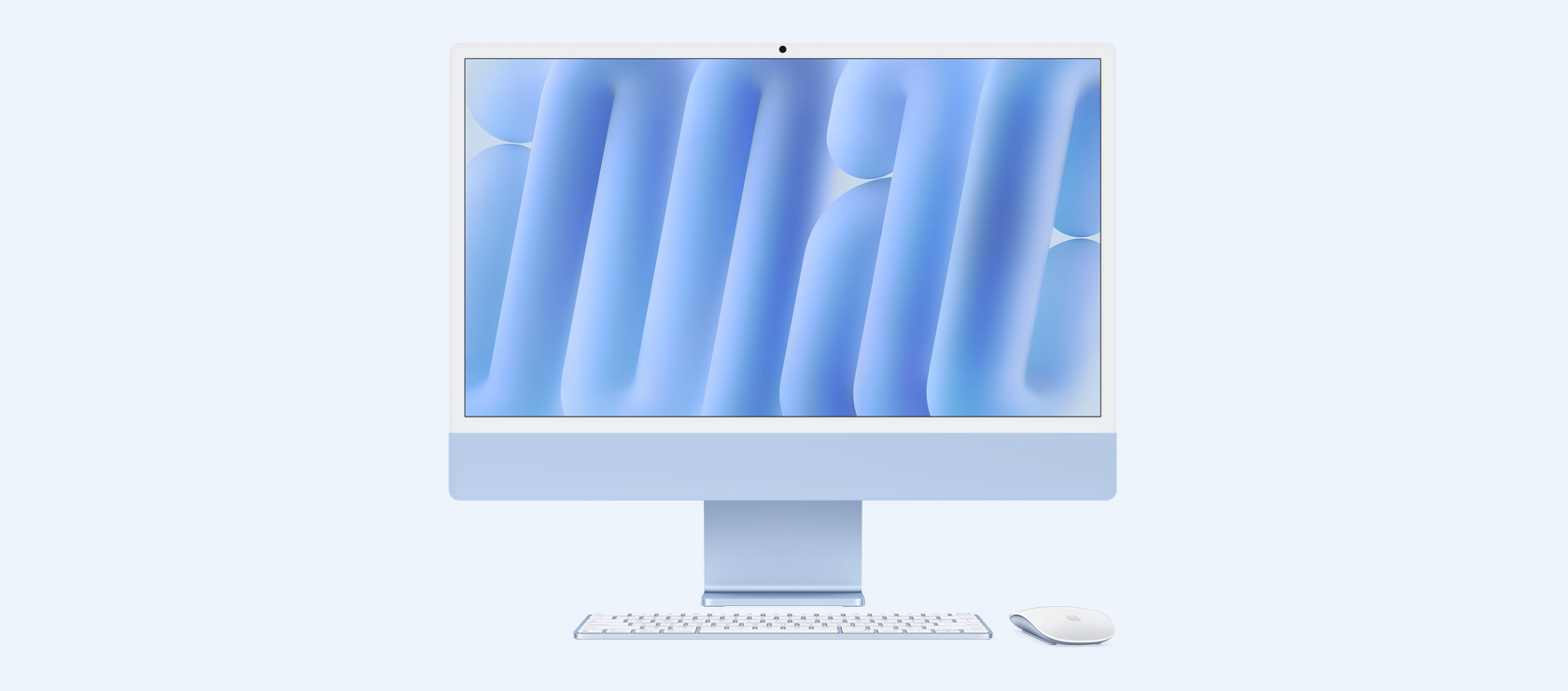 Front view of blue iMac with color-matching mouse and keyboard