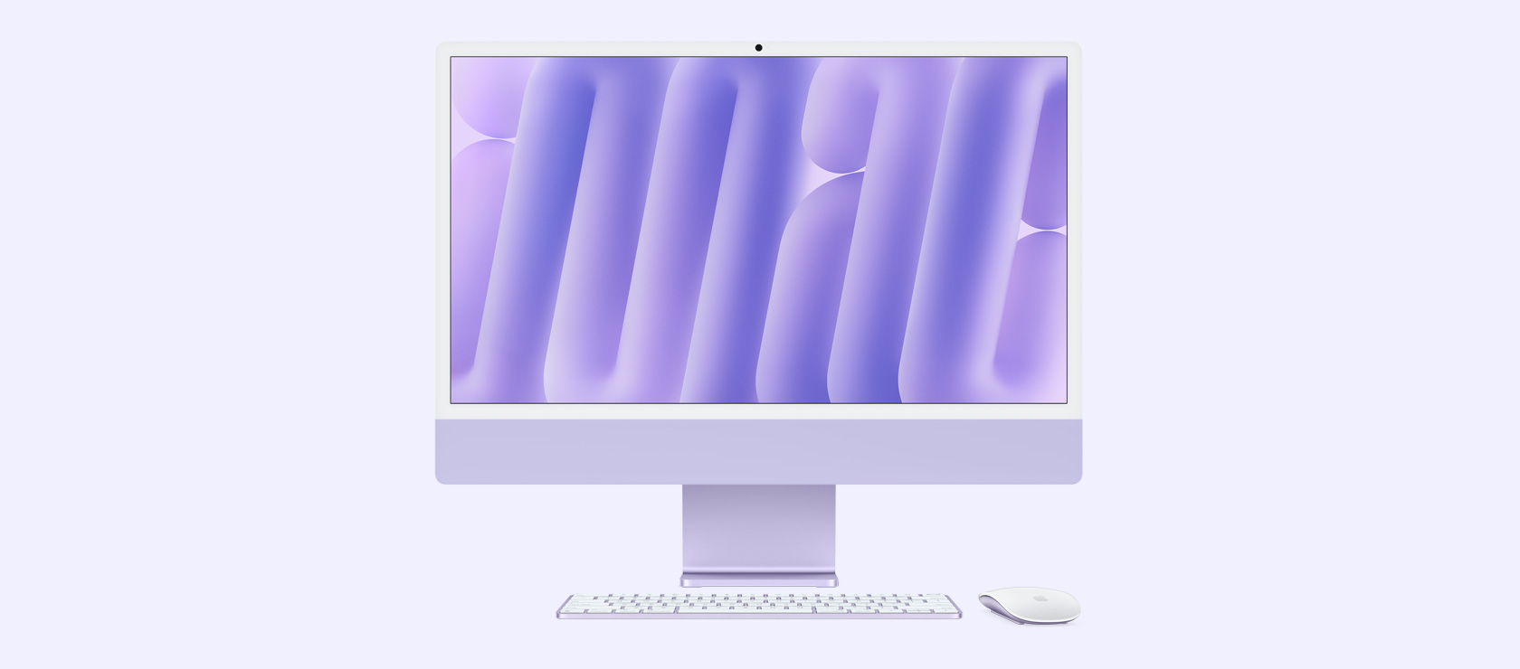 Front view of purple iMac with color-matching mouse and keyboard