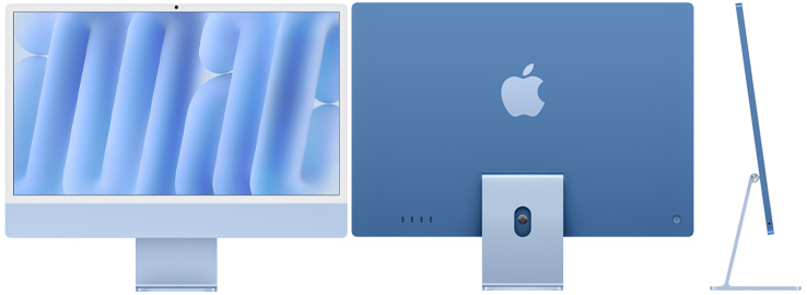 Front, back and side view of iMac in blue