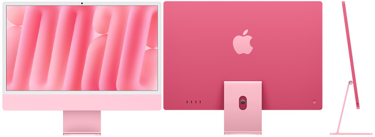 Front, back and side view of iMac in pink