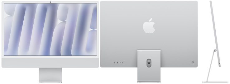 Front, back and side view of iMac in silver