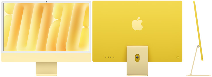 Front, back and side view of iMac in yellow