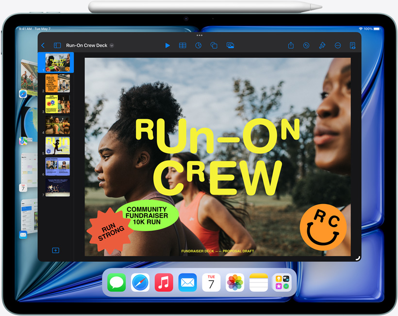 iPad Air, показващ как Stage Manager помага в мултитаскинга
