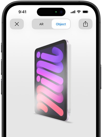 iPad mini med Apple Pencil Pro ansluten i AR på en iPhone.