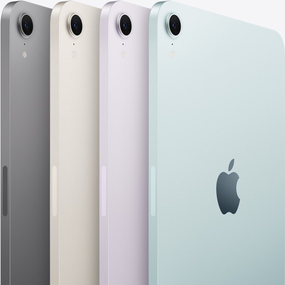 The back view and camera of four iPad mini models are shown in its available colours: Space Grey, Starlight, Purple and Blue.