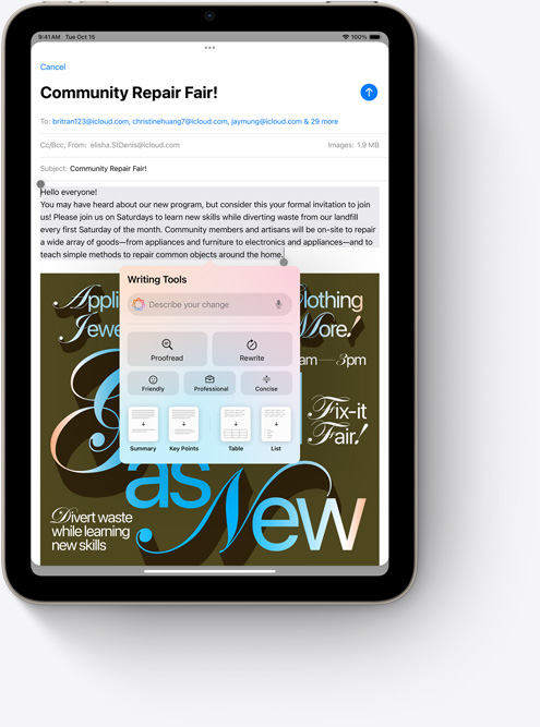 iPad mini showing Writing Tools in Mail, a new Apple Intelligence feature.