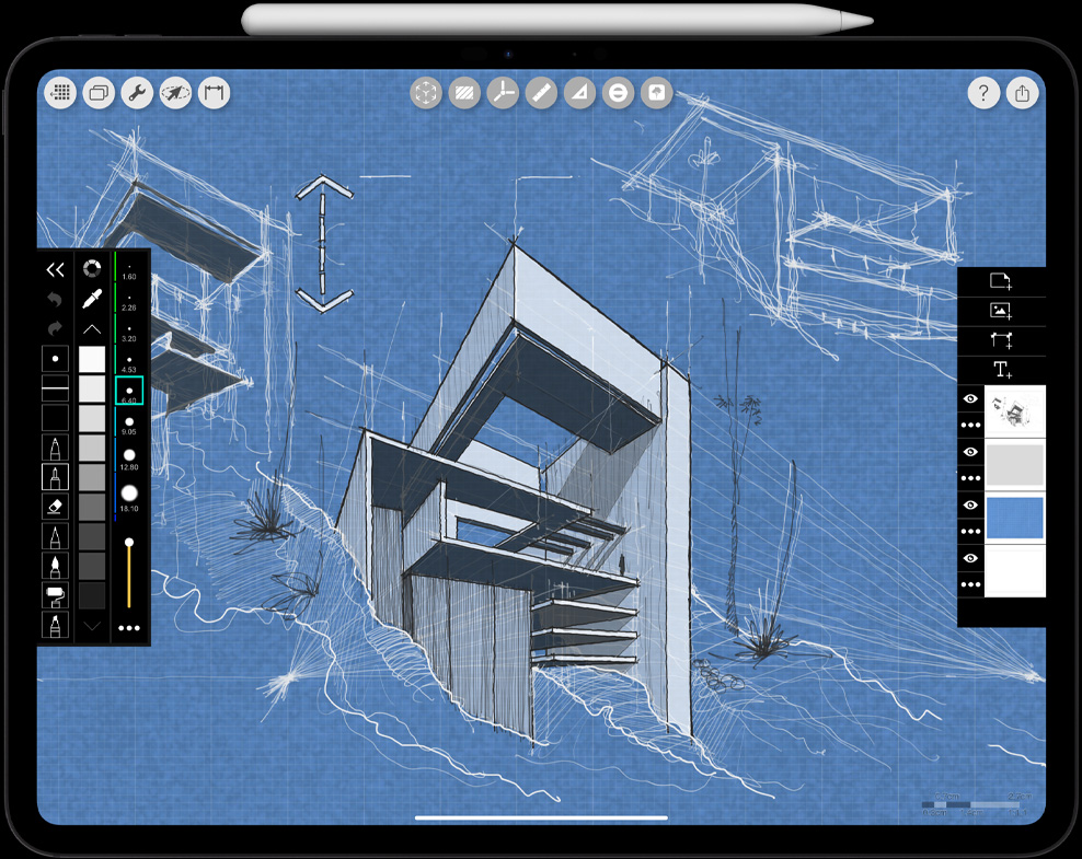 Apple Pencil Pro i horisontellt läge, ansluten till en iPad Pro med en arkitektritning på skärmen