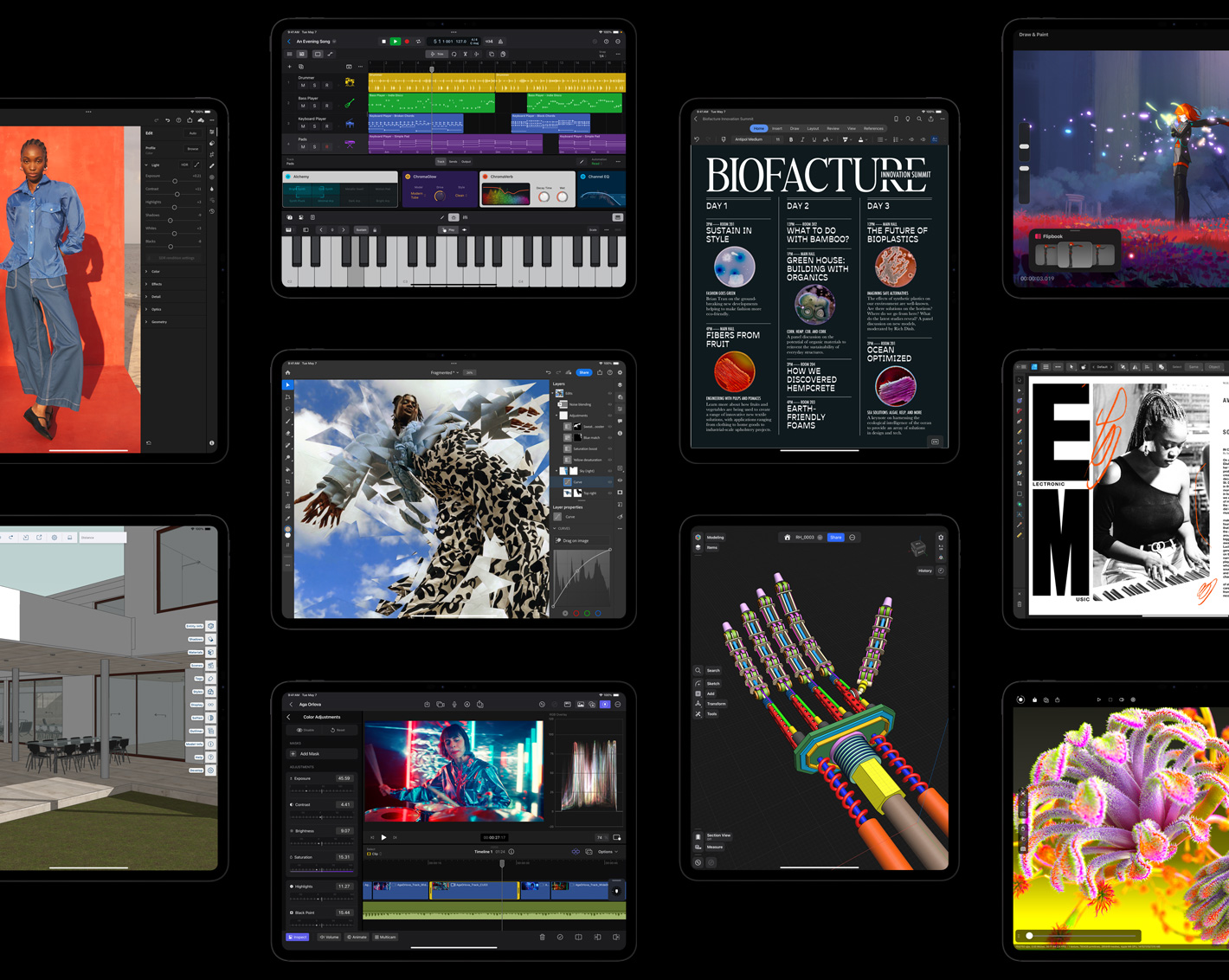 Tíz iPad Pro, mindegyiken más-más app fut: Adobe Lightroom iPadre, SketchUp, Logic Pro iPadre, Adobe Lightroom iPadre, Final Cut Pro iPadre, Microsoft Word, Shapr3D, Procreate Dreams, Affinity Designer 2 iPadre, Octane X