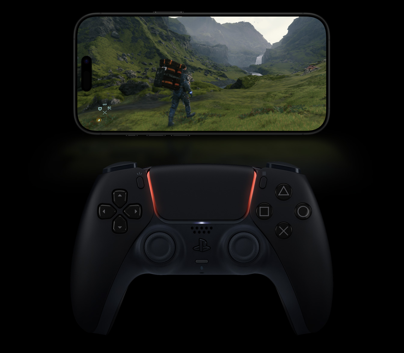 Jocul Death Stranding Director's Cut jucat pe iPhone 16 Pro pe Titan negru, cu un controler de joc wireless