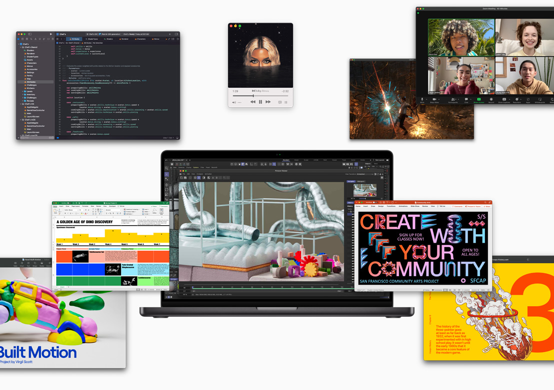 Screens show the various software that can run on Apple Silicon: Xcode, Apple Music, Zoom, Excel, Powerpoint, Keynote, Adobe After Effects, Safari and a gaming software.