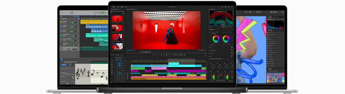 Vorderansicht eines MacBook Air mit einem Logic Pro Projekt. Vorderansicht eines MacBook Pro mit einem Final Cut Pro Projekt. Vorderansicht eines MacBook Air mit einem iMovie Projekt.