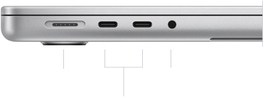 MacBook Pro de 14 inchi cu M3, închis, partea stângă prezintă portul MagSafe 3, două porturi Thunderbolt / USB 4 și mufa pentru căști