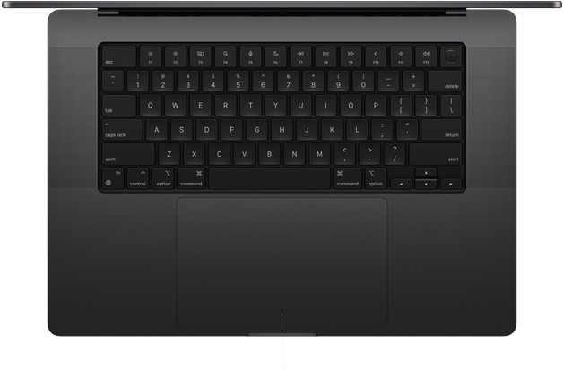 Widok z góry na otwartego MacBooka Pro 16 cali z gładzikiem Force Touch umieszczonym poniżej klawiatury