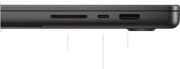 MacBook Pro de 16 inchi, închis; partea dreaptă prezintă slotul pentru card SDXC, un port Thunderbolt 4 și un port HDMI