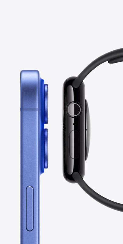 A side view of iPhone 16 and Apple Watch Series 10 next to each other. Click the plus button to see more information on Apple Watch + iPhone features.