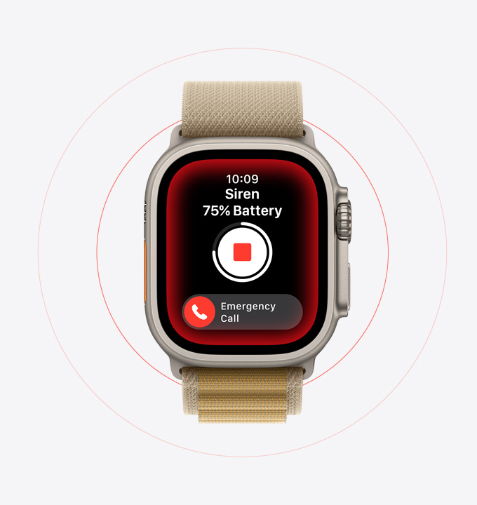 Sirène en cours d’utilisation sur l’Apple Watch Ultra 2.