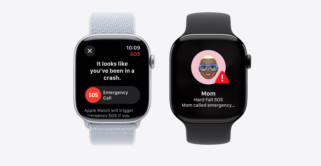 Dois Apple Watch Series 10. O primeiro mostra o ecrã de notificação de Deteção de acidente com o botão de chamada de emergência. O segundo mostra o ecrã de notificação a indicar que a "mãe" teve uma queda grave e ligou para os serviços de emergência.