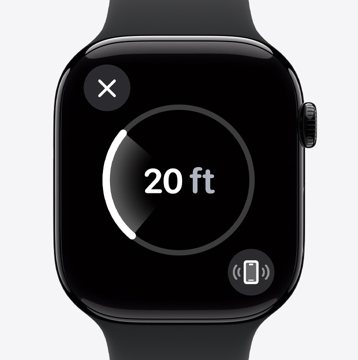 Apple Watch Series 10 com o ecrã da Localização exata a indicar que o relógio do utilizador está a cerca de 6 metros de distância.