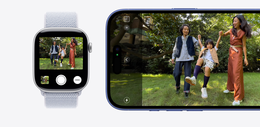 iPhone 16 pildistamas. Apple Watch Series 10 kasutab kaamera kaugjuhtimist, et näha iPhone 16-ga tehtavat pilti.