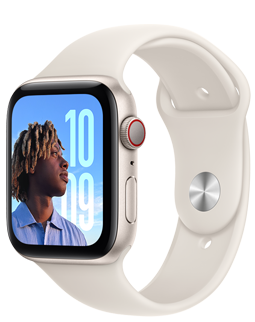 Apple Watch SE、スターライトアルミニウムケースとスターライトスポーツバンド。スポーツバンドの色は白。