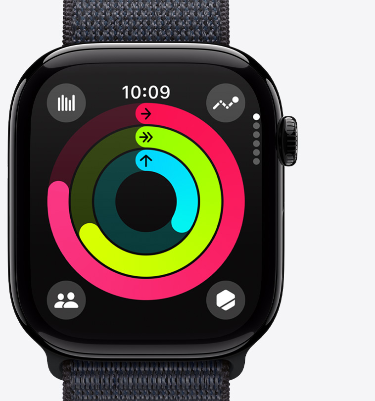 Vue de face de l’app Anneaux Activité sur une Apple Watch Series 10.