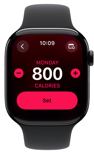 Ein Apple Watch Display zeigt ein Bewegungsziel von 800 Kalorien.