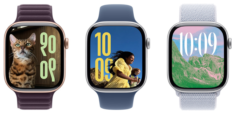 Three photo faces on Apple Watch hardware display varying imagery, time size and language script