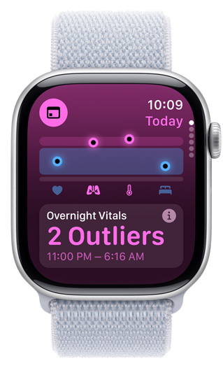 Apple Watch screen displaying Overnight Vitals with 2 outliers