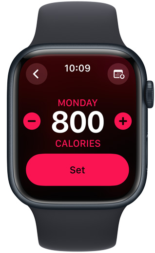 An Apple Watch screen displays a Move goal of 800 calories.